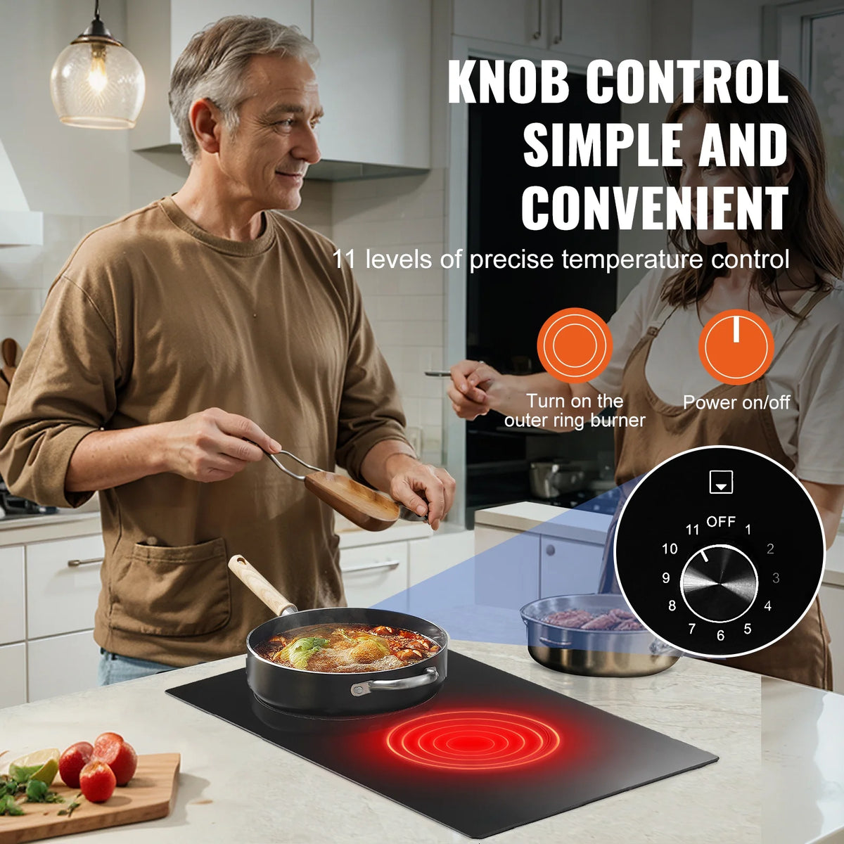 KFFKFF Built-in 2 Burner Electric Cooktop, 12" Electric Range, 3000W Electric Stove Top with Smooth Ceramic Surface, Rotary Dial, 11 Temperature Settings, 220-240V, Direct Wiring Required