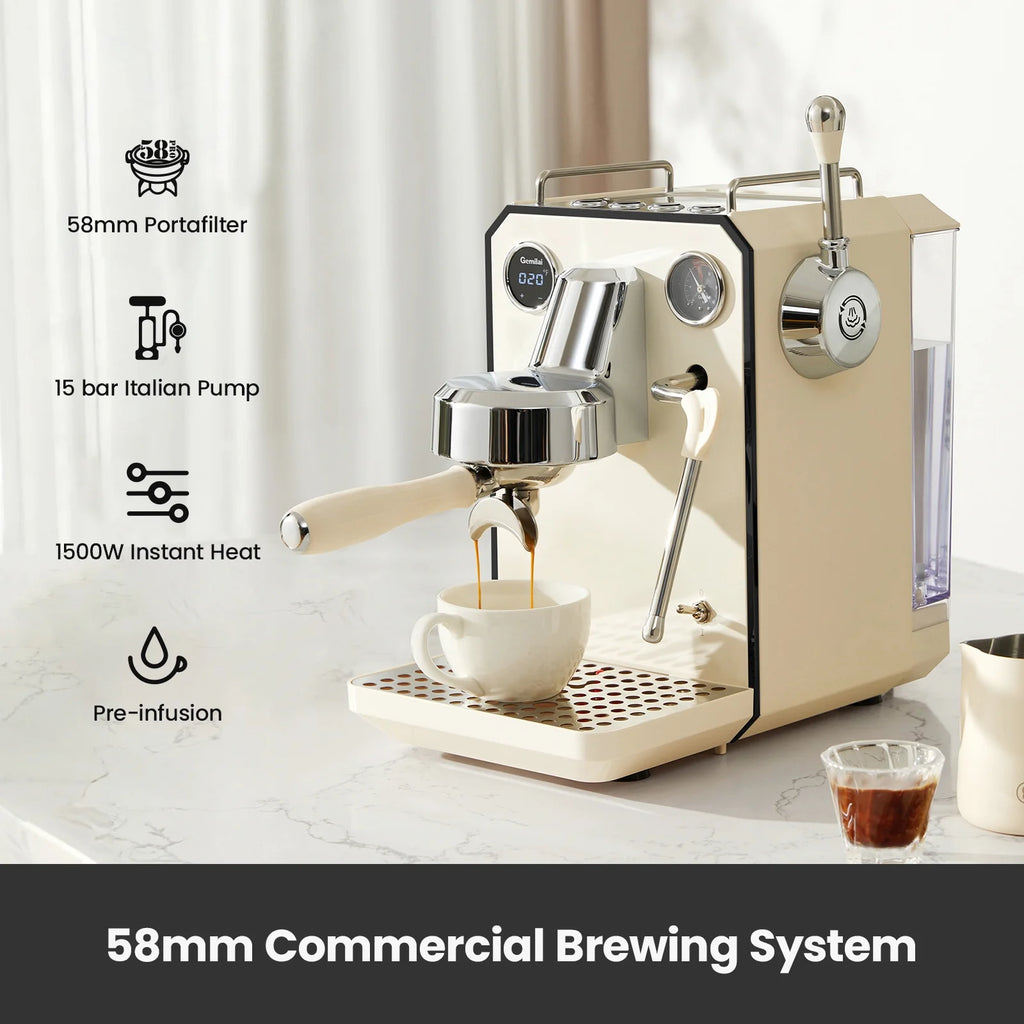 Gemilai G3006 Owl 15-Bar Semi-Auto Espresso Machine, Dual Display, Milk Frother, 57oz Tank, Stainless Steel Coffee Maker