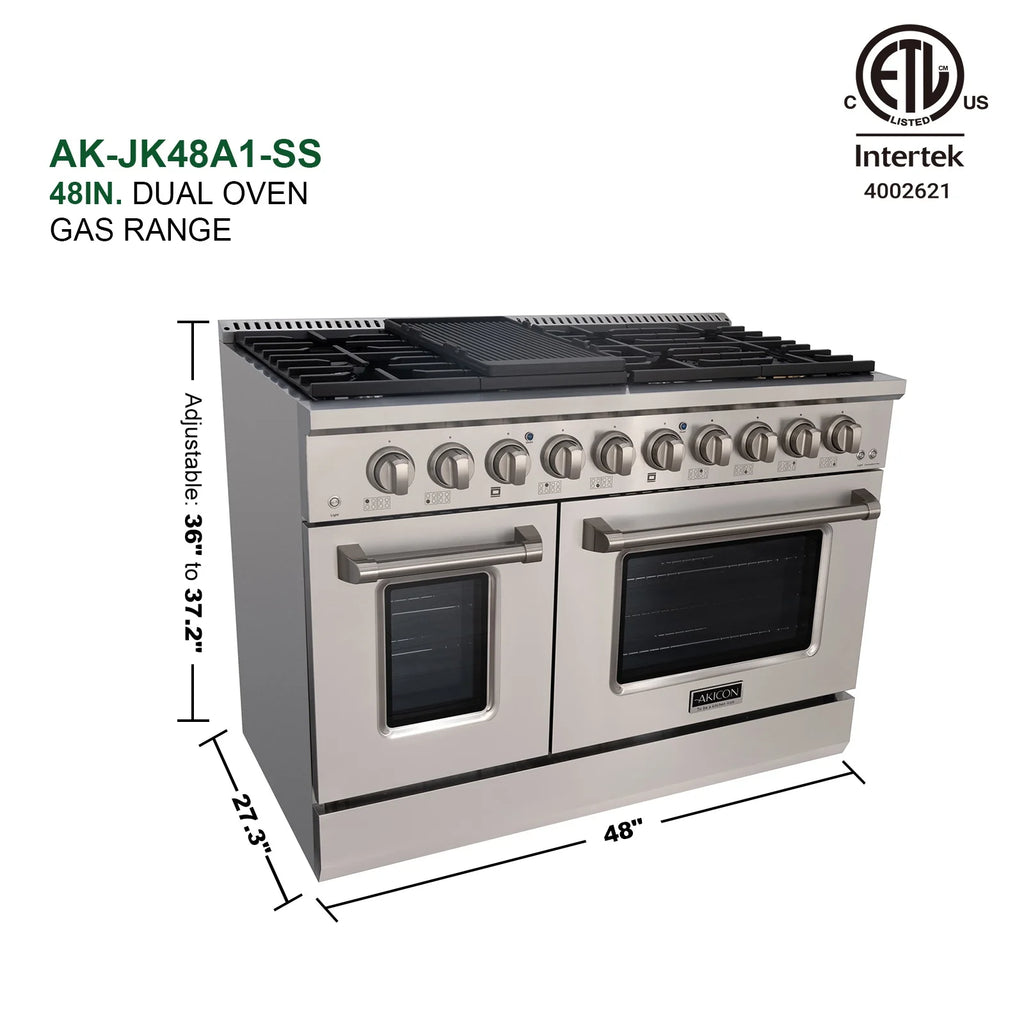 Akicon 48" Slide-in Freestanding Professional Style Gas Range with 6.7 Cu. Ft. Oven, 8 Burners, Convection Fan, Cast Iron Grates, & Blue Porcelain Oven Interior, In Stainless Steel