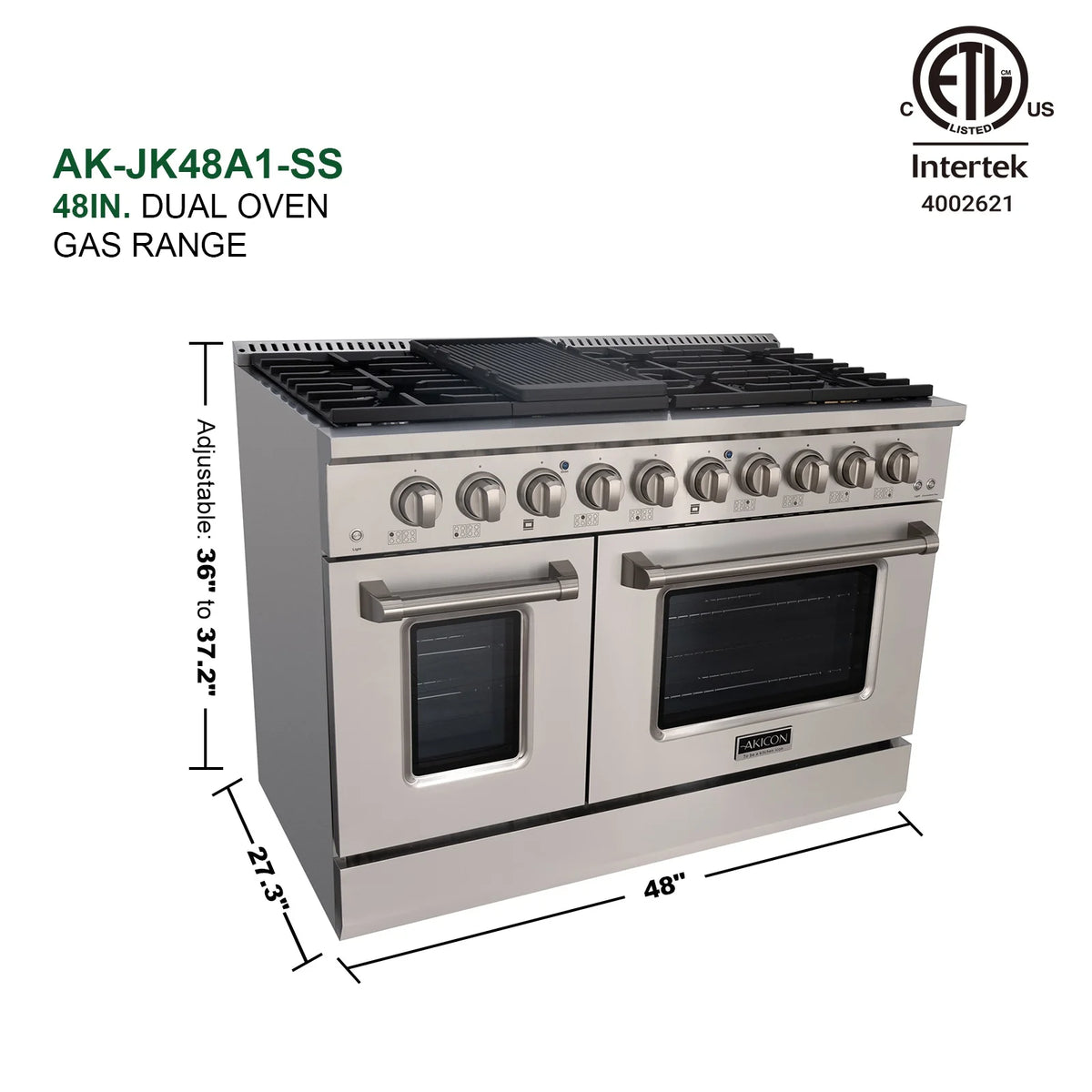 Akicon 48" Slide-in Freestanding Professional Style Gas Range with 6.7 Cu. Ft. Oven, 8 Burners, Convection Fan, Cast Iron Grates, & Blue Porcelain Oven Interior, In Stainless Steel