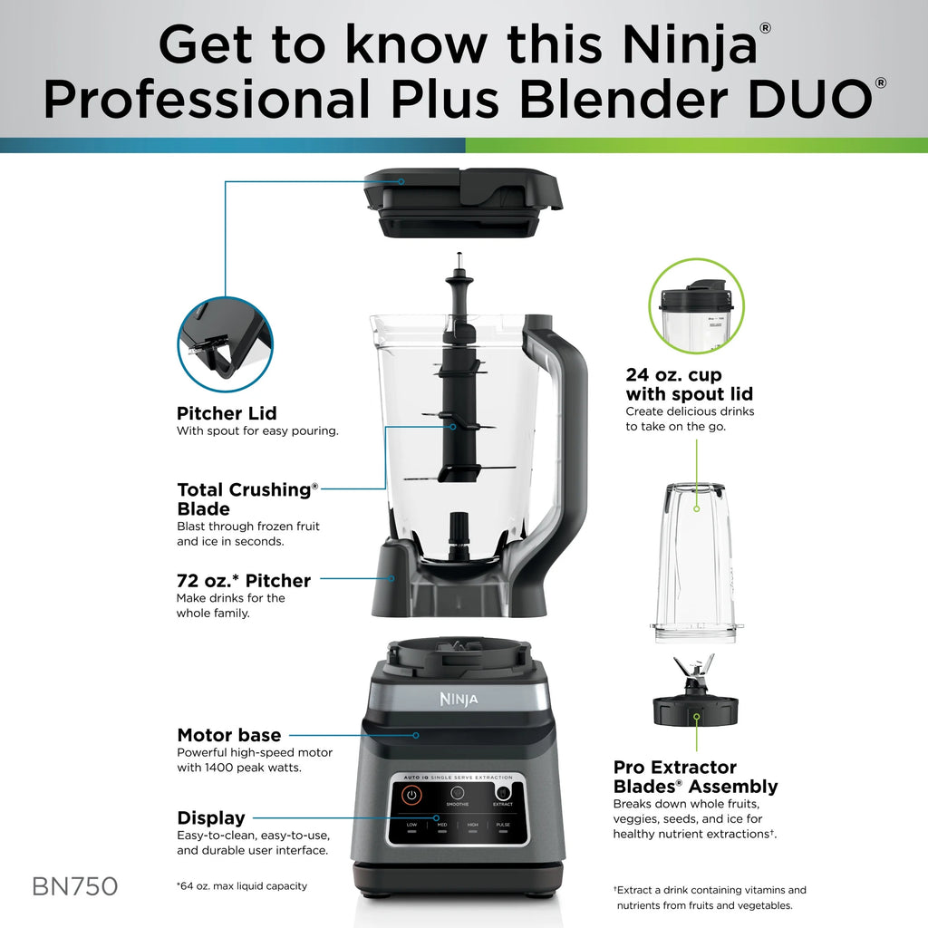 Ninja Professional Plus DUO Blender, 1400 W, 2 Auto-IQ Programs for Smoothies, Nutrient Extraction, 72 oz* Total Crushing Pitcher & (1) 24 oz To-Go Cup, Black, BN750