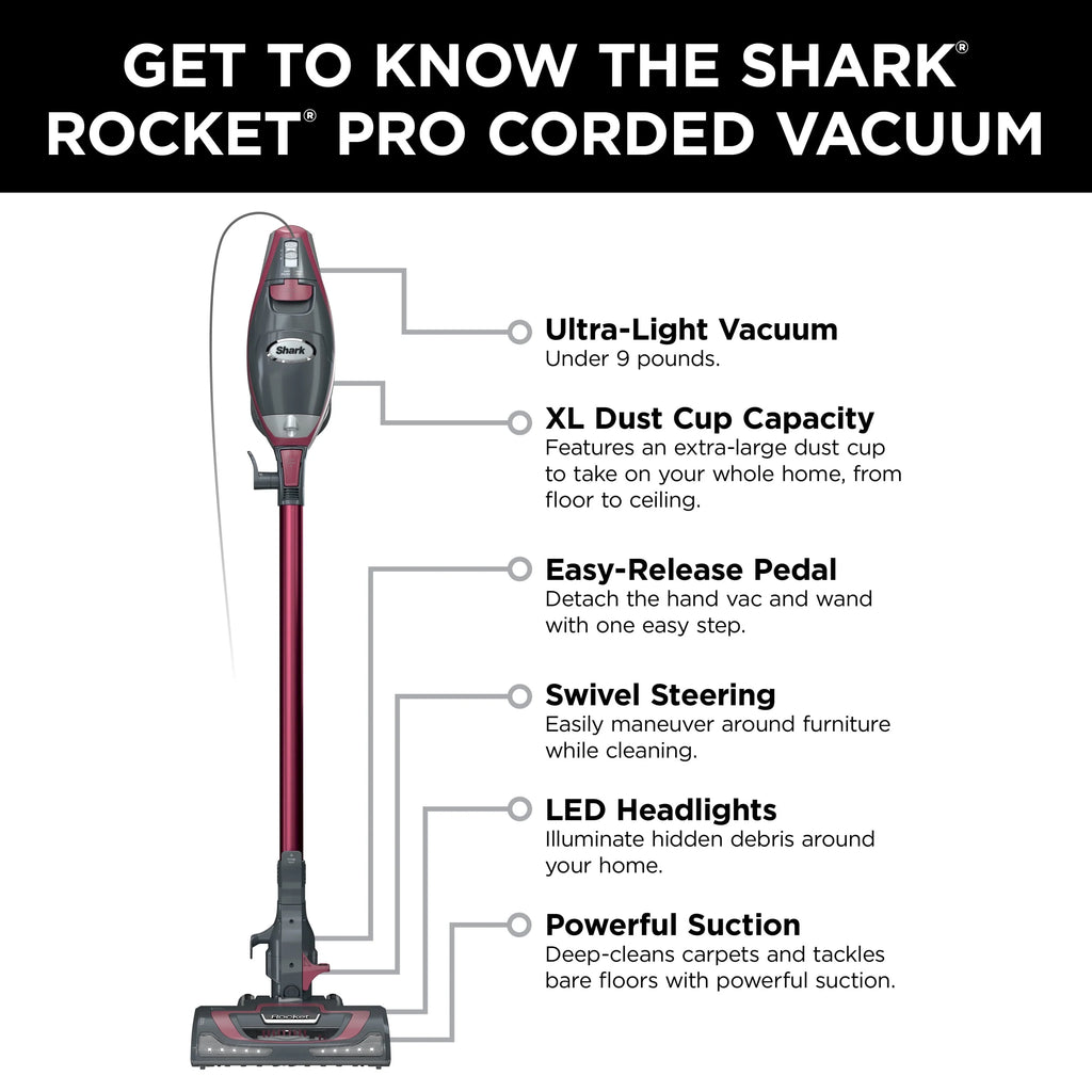 Shark Rocket Pro Corded Stick Vacuum, Removable Hand Vacuum, Hardwood Floors and Carpet, Advanced Swivel Steering, Pet-Friendly, XL Capacity, Ultra-Lightweight, HV370 Comet Red