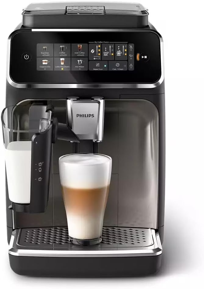 Philips 3300-Series Fully Automatic Espresso Machine - 6 Drinks, Modern Colour Touch Screen, LatteGo Milking System, SilentBrew, 100% Ceramic Grinder, AquaClean Filter. Black Chrome (EP3347/90)