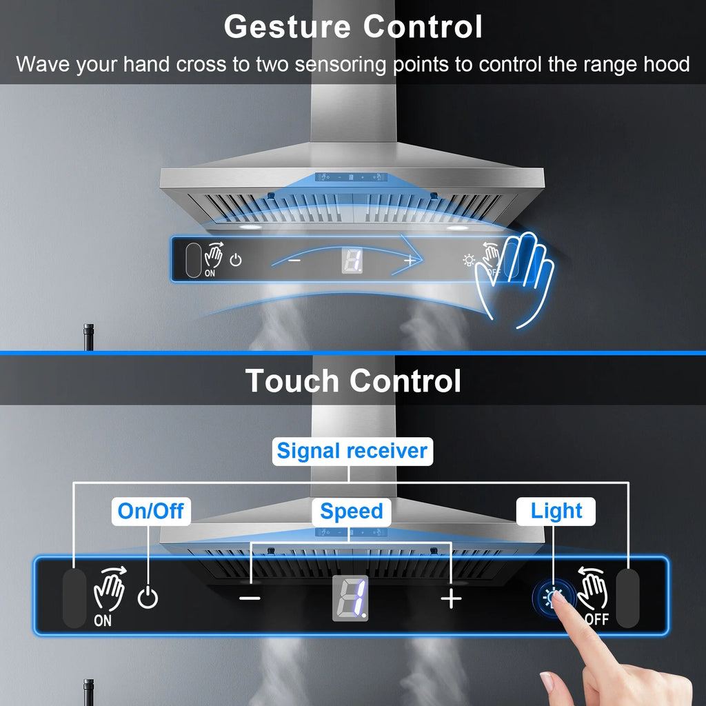New 30 Inch Stainless Wall-Mounted Kitchen Range Hood 3-Speed Fan Exhaust Vent Gesture/Touch 120V