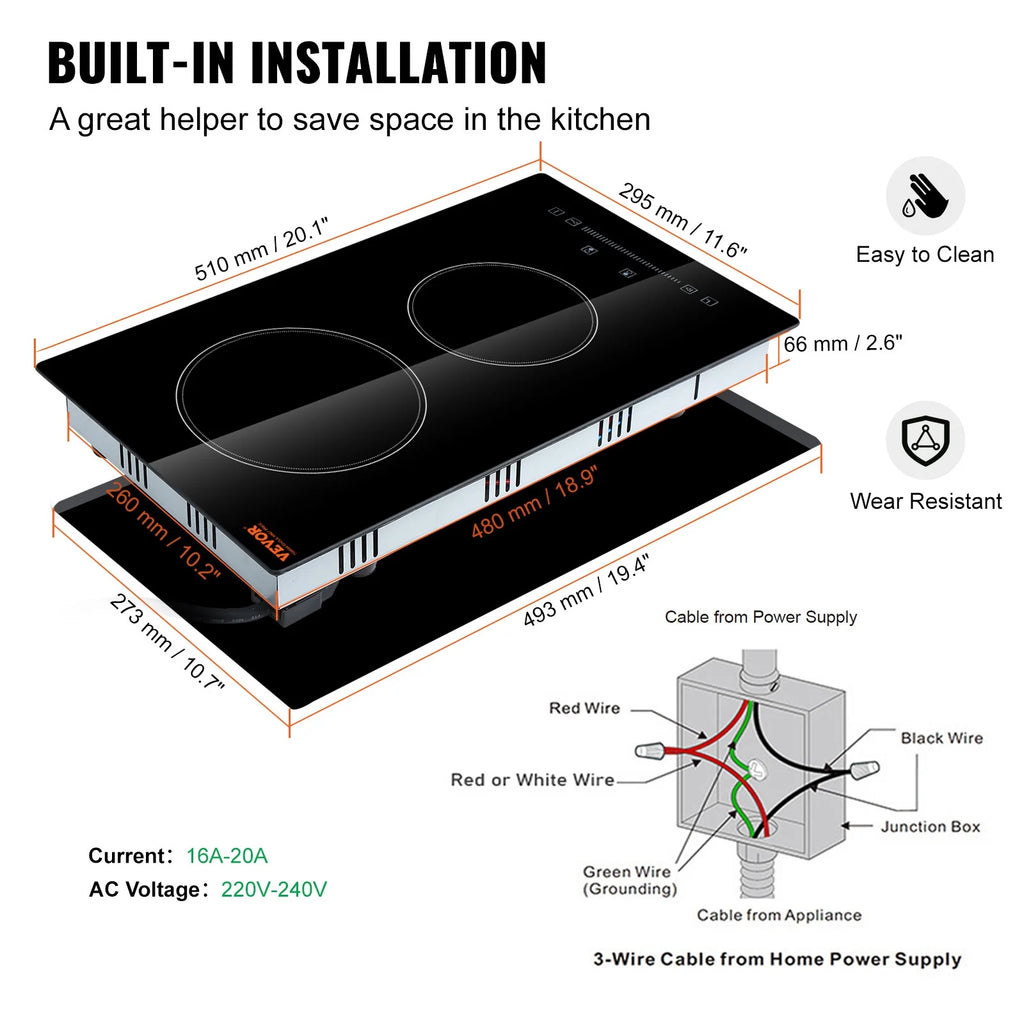 KFFKFF Electric Ceramic Cooktop, 23" 6000W 4 Burners Built-in Countertop Burners Cooker Touch Sensor Control, Overheat Protection, Child Lock, 220-240V (NO Plug)