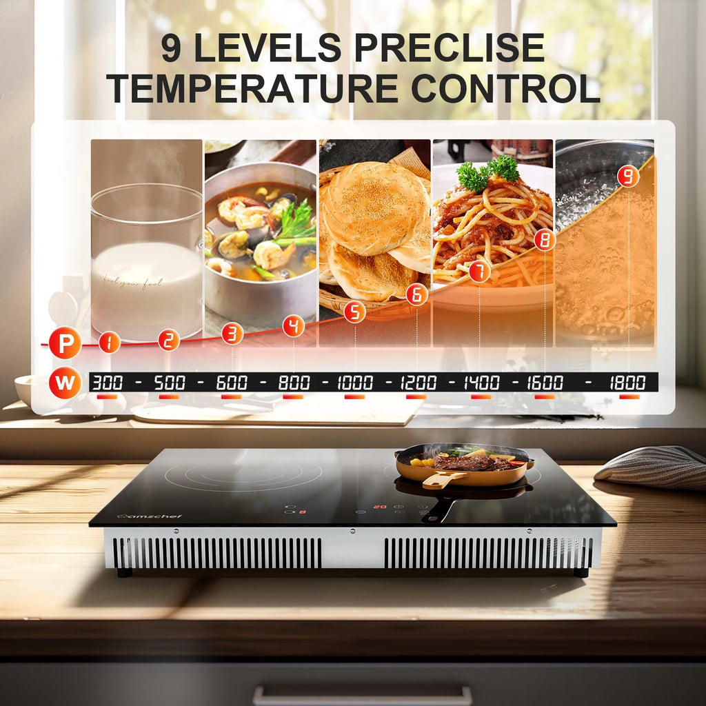 Double Induction Cooktop 1800W Induction Stove Top 2 Burners for Cooking, Sumaki Built-in Electric Cooktops With 9 Power Levels