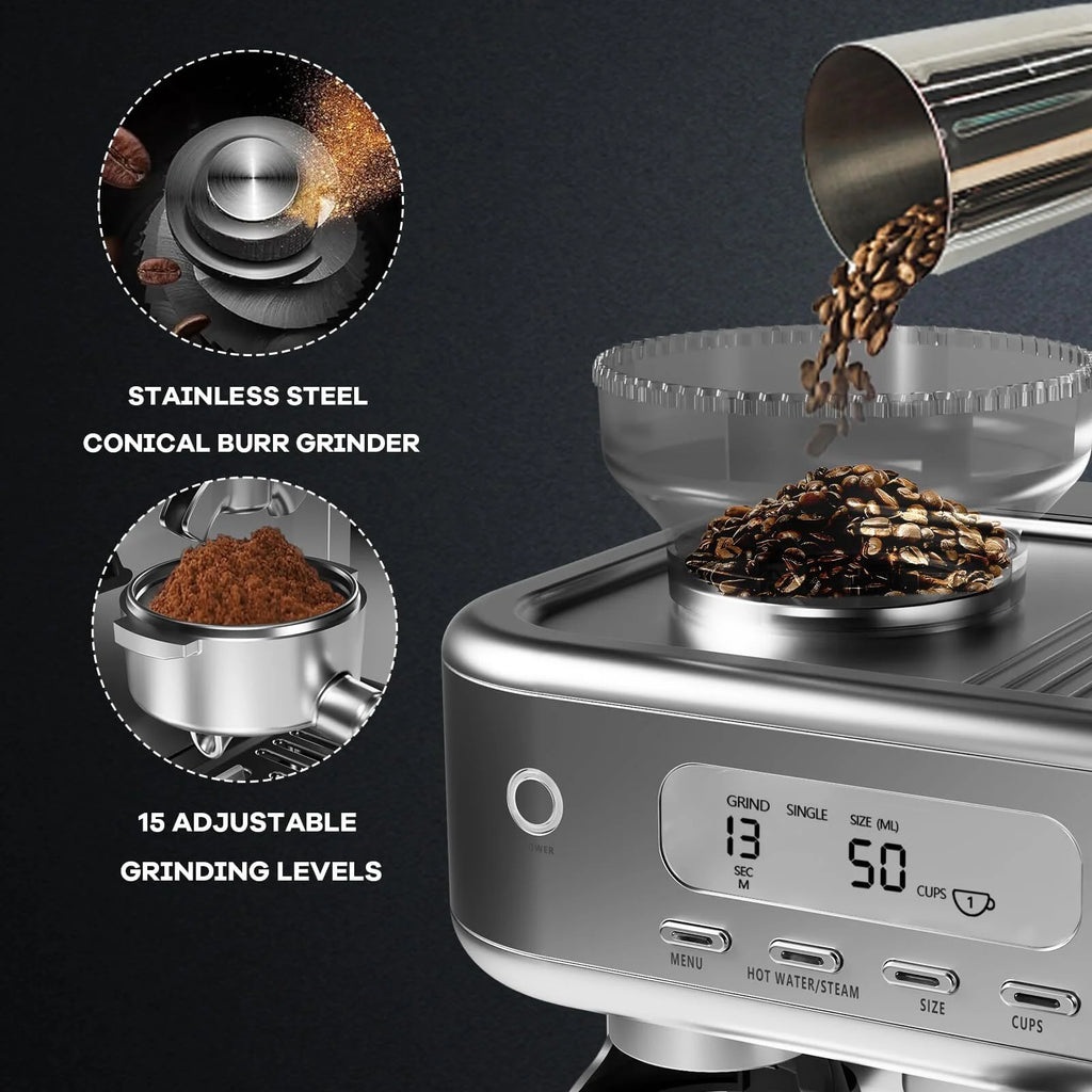 Espresso Machine with Built-in Grinder,Italian ULKA 15 Bar Espresso Machine - 85oz Water Tank, Dual PID Control, Milk Frother & Auto-Cleaning for Perfect Lattes and Cappuccinos