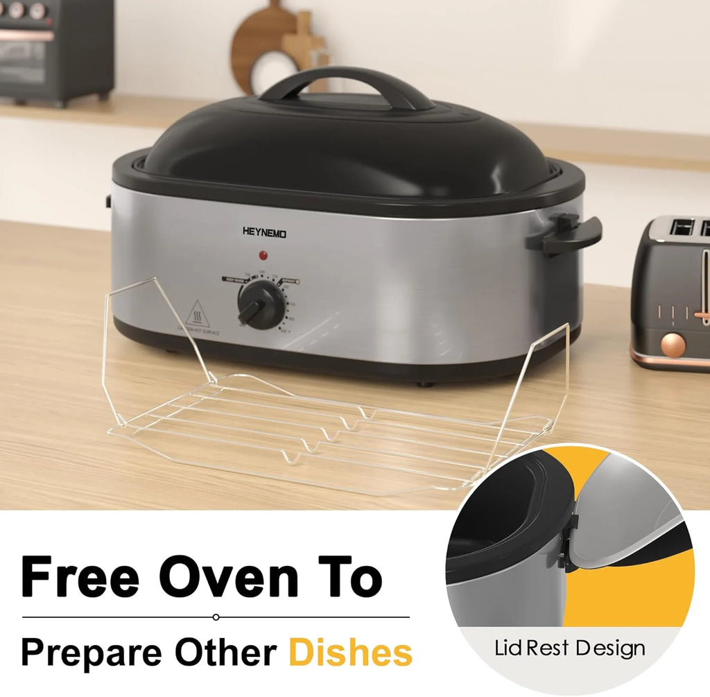 18 Quart Electric Roaster Oven, Turkey Roaster Electric, Roaster Oven Buffet, Selfbasting Lid, Removable Pan, Full-Range Temperature Control Cool-Touch Handles, White Body, Black Lid