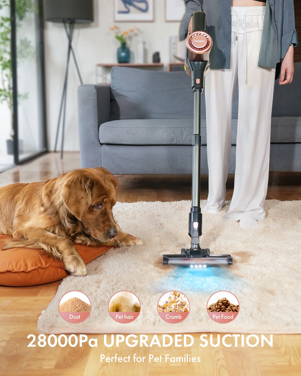 Homeika H320 Cordless Vacuum Cleaner, 28KPA Powerful Suction 8-in-1 Multi-Tool 55min Runtime LED Motorized Brush One-Click Dust Emptying for Pet Hair and Allergies,Pink