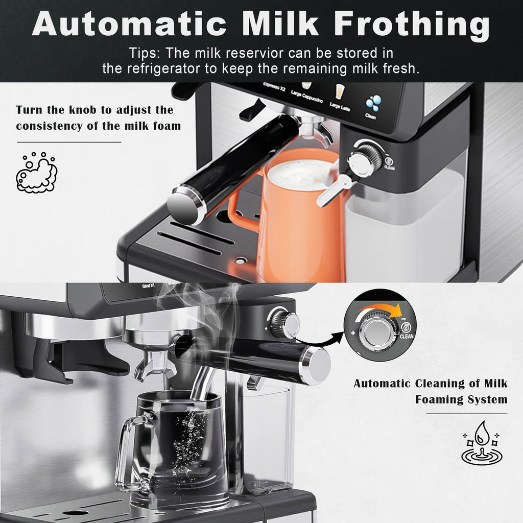 Bluebow All-in-One Espresso Machine with Grinder, 20-Bar Automatic Coffee Maker, Built-in Milk Frother for Latte & Cappuccino, Single/Double Shot