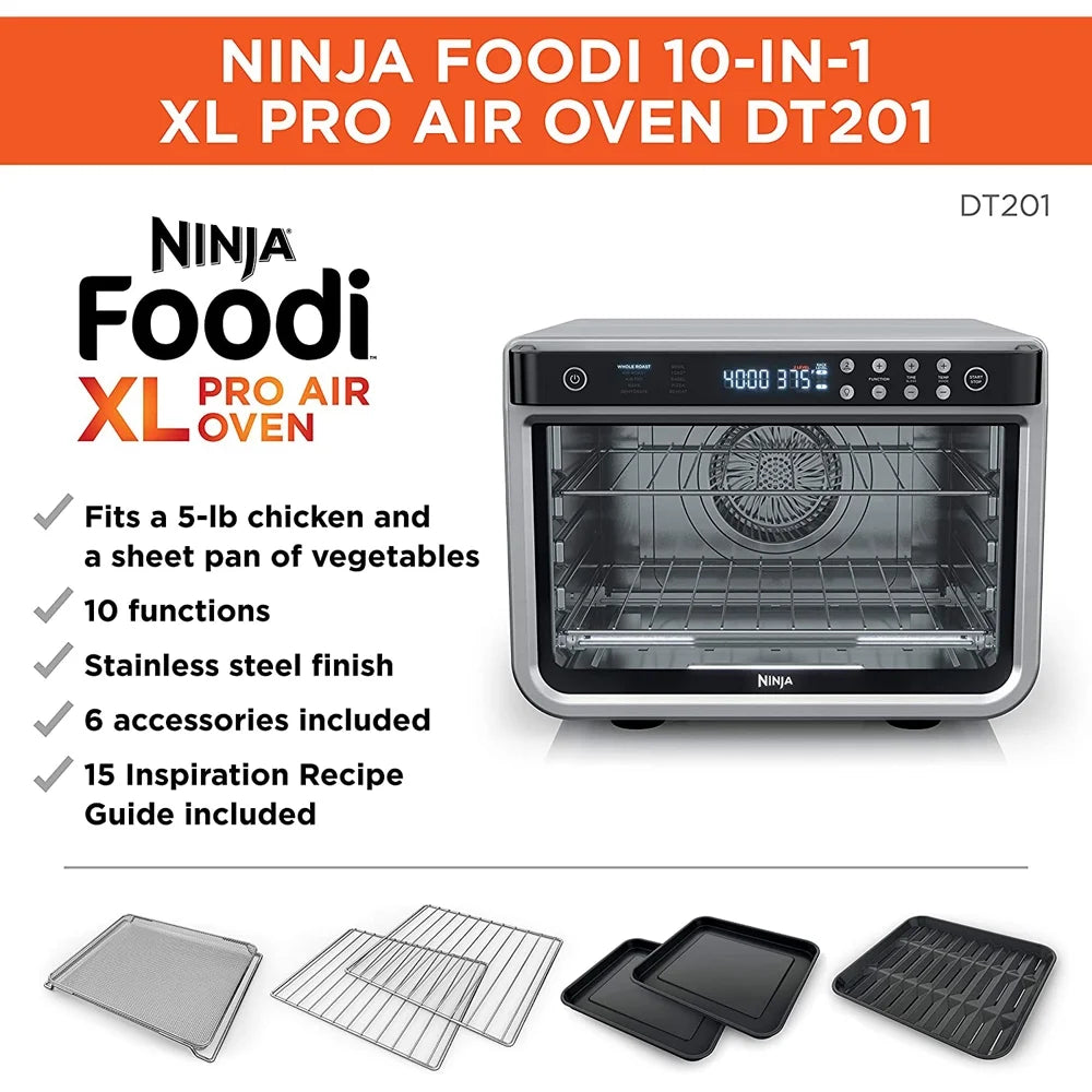 Restored Ninja DT201 Foodi 10-in-1 XL Pro Air Fry Oven, Large Countertop Convection Oven, Digital Toaster Oven, Dehydrate, Reheat, 1800 Watts, Stainless (Refurbished)