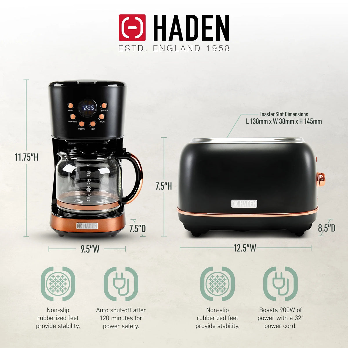 Haden Heritage 2 Slice Wide Slot Toaster & Coffee Maker, Black & Copper