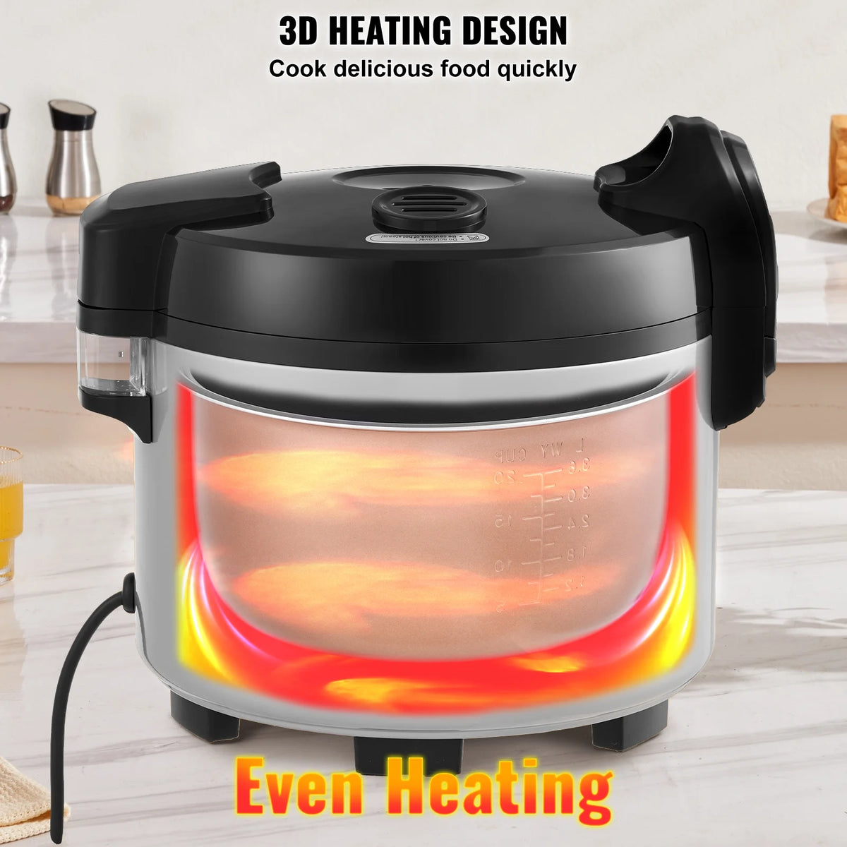 KFFKFF Industrial Rice Steamer, 45-Cup Capacity, 9.51 Qt / 9 Liter Voluminous Rice Maker and Heater with Nonstick Cooking Chamber, Swift Preparation and 12-Hour Heat Retention
