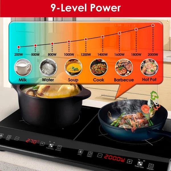 Dual Burner Induction Cooktop, 9 Power/Temperature Levels with Smart Timer, Safety Lock for Simmer/Fry/Boil