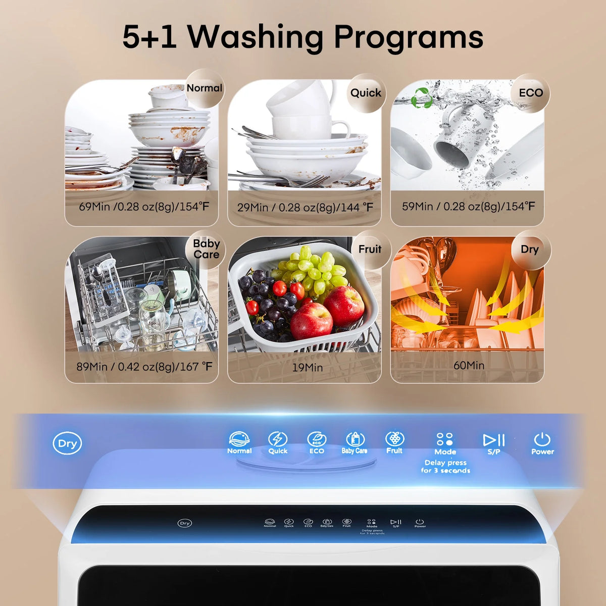 Countertop Dishwasher with Timeing Function, 6 Programs, 360��Dual Spray, 167�H High-Temp, Mini Portable Dishwasher for Home,Apartments,RVs