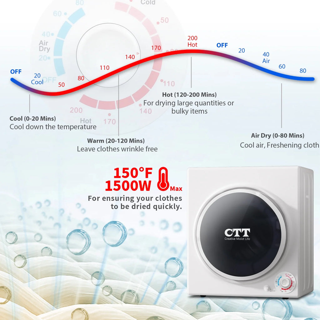CTT 110V Portable Clothes Dryer 1500W, 3.5 cu.ft Compact Dryer  with Stainless Steel Tub, 4 Drying Mode, Portable Dryers for Laundry, Apartments, RVs, Dorms
