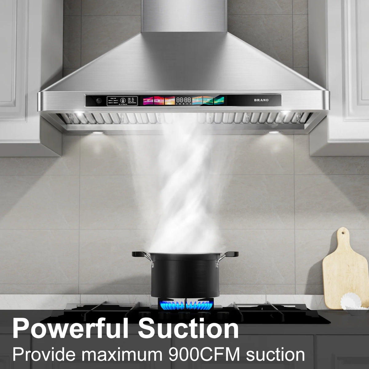 BRANO 30 Inch Wall Mount Range Hood Stainless Steel Hood, 900 CFM, Voice Control, 4-Speed