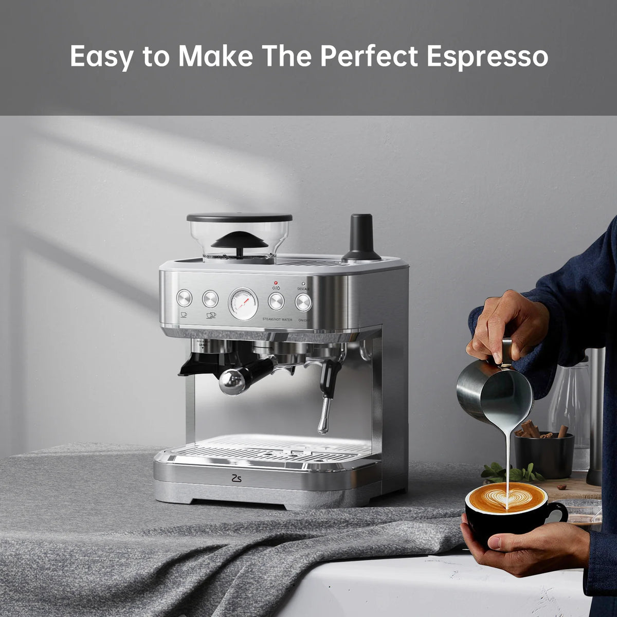 COZONY Espresso Machine 15 Bar, 2.5 L Water Tank, Semi Automatic Coffee Maker with Grinder, Milk Frother/Steam Wand, Italian Pump, All-in-One Espresso Machine, Stainless Steel, Silver