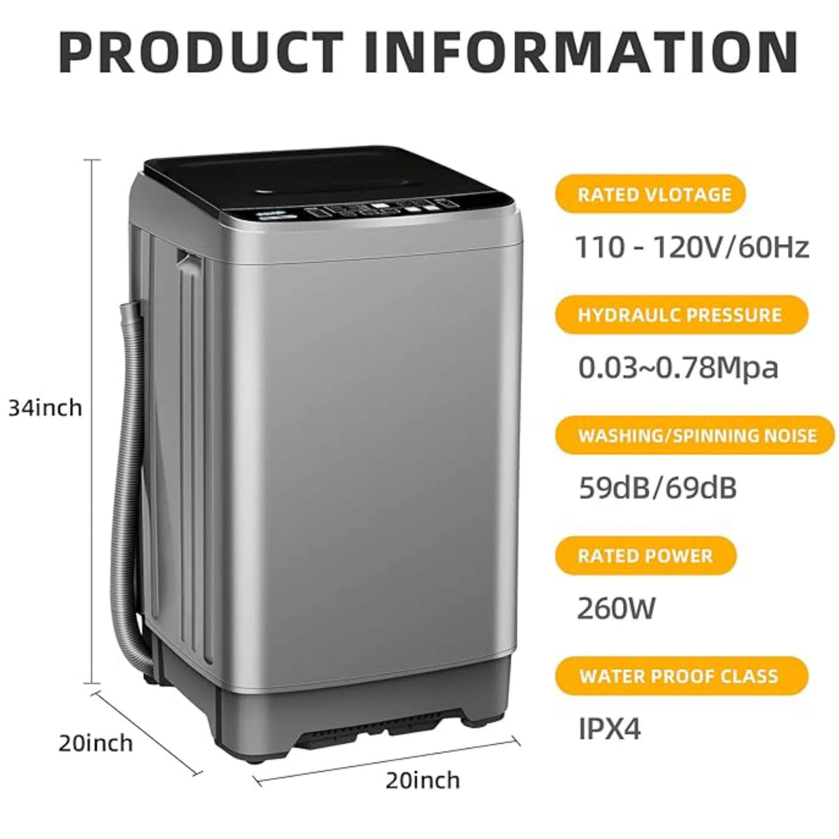 Top Load Washing Machine 17.7 lbs Full Automatic Clothes Washer with 10 Programs & 8 Water Levels for Apartment,Bathroom, Gold