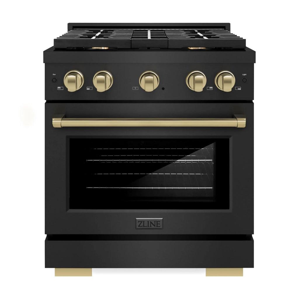 ZLINE Autograph Edition 30 in. 4.2 cu. ft. Paramount Gas Range with 4 Burner Cooktop and Convection Gas Oven in Black Stainless Steel and Champagne Bronze Accents (SGRBZ-30-CB)