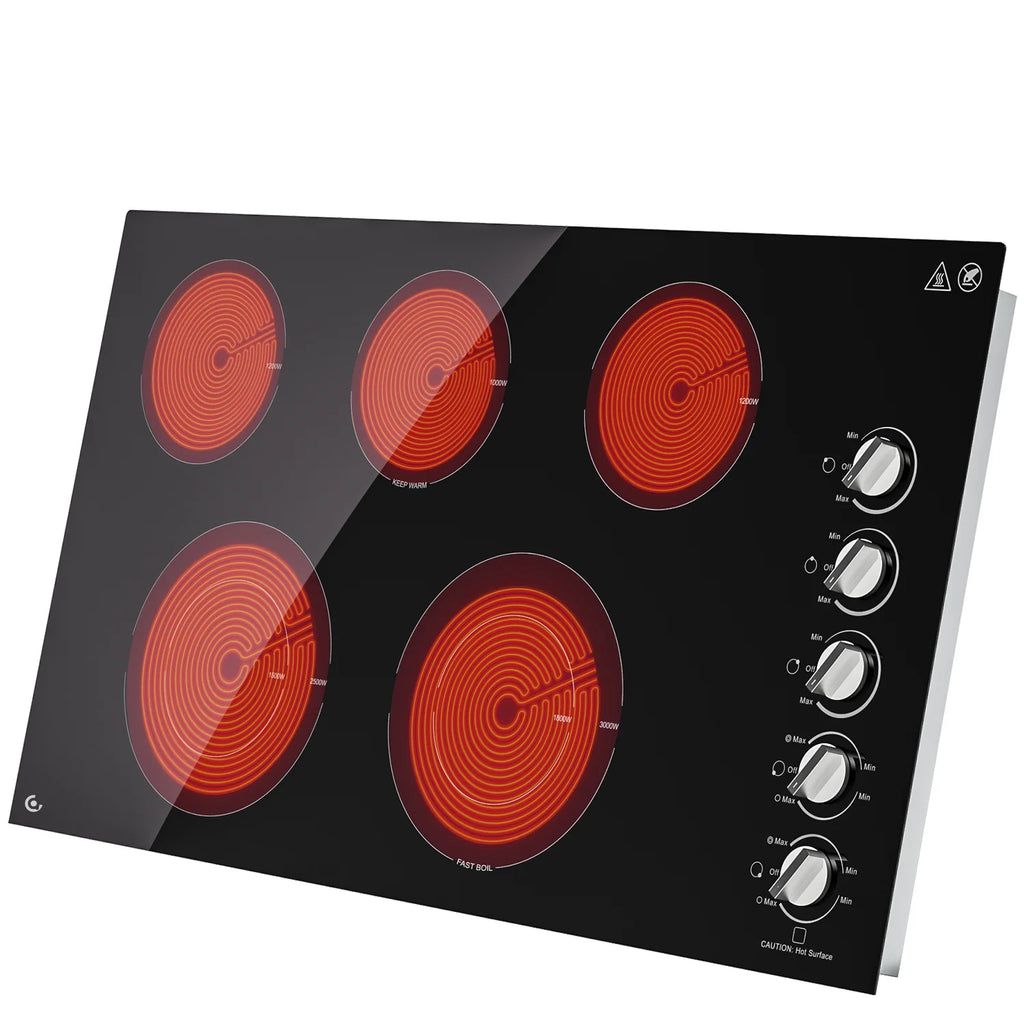5 Burner Electric Stove, Sunmaki 36 inch Built-in Electric Cooktop 8900W Power Control by Knob for Home/Restaurant, 220V-240V