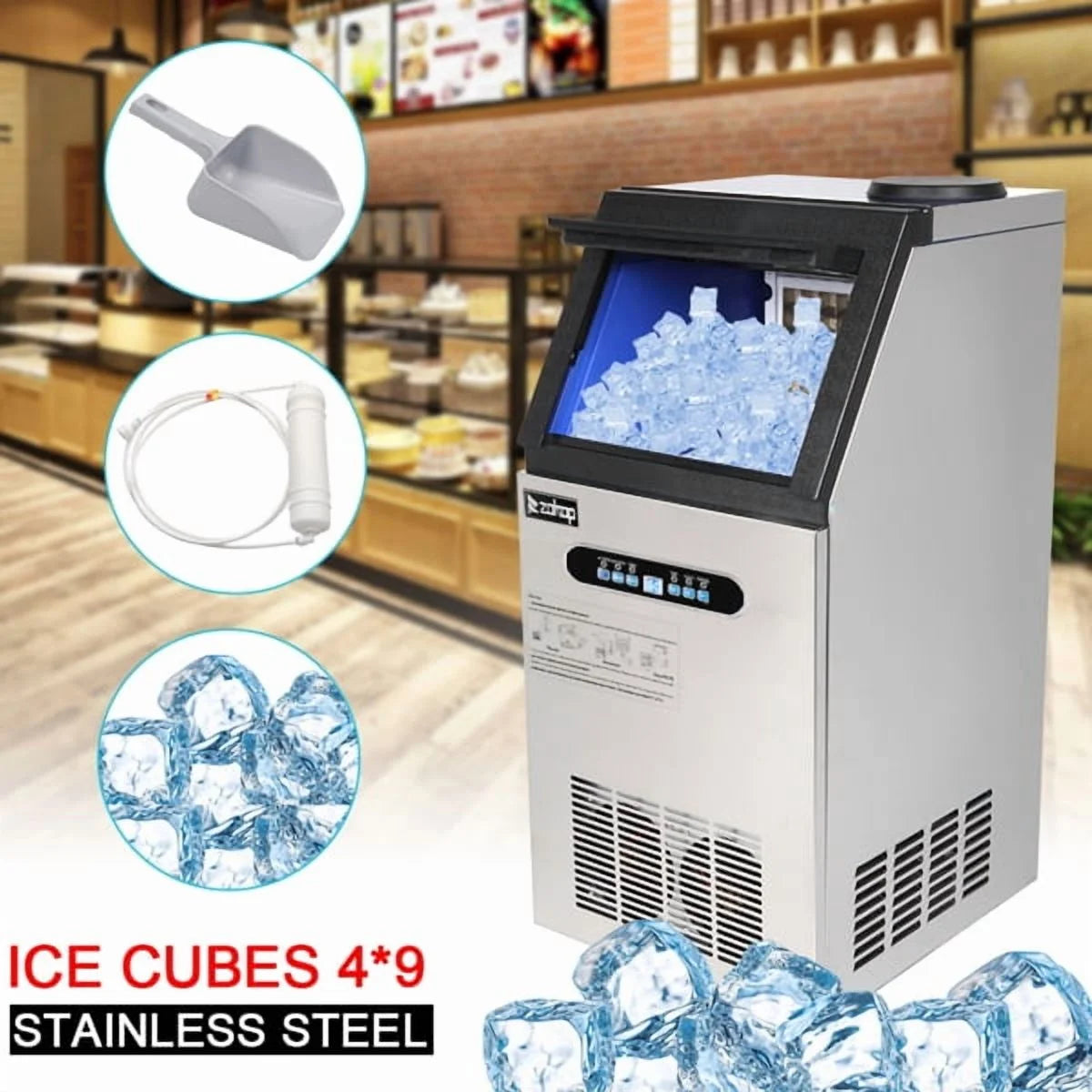 ZK-110 Commercial Ice Maker Machine - 120V 110lbs/24h Stainless Steel with Transparent Lid, 4x9 Aluminum Tray for Restaurants, Bars, Hotels (Silver)