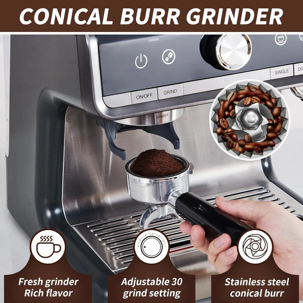 COZONY Espresso Machine 15 Bar, 2.5 L Water Tank, Semi Automatic Coffee Maker with Grinder, Milk Frother/Steam Wand, Italian Pump, All-in-One Espresso Machine, Stainless Steel, Silver