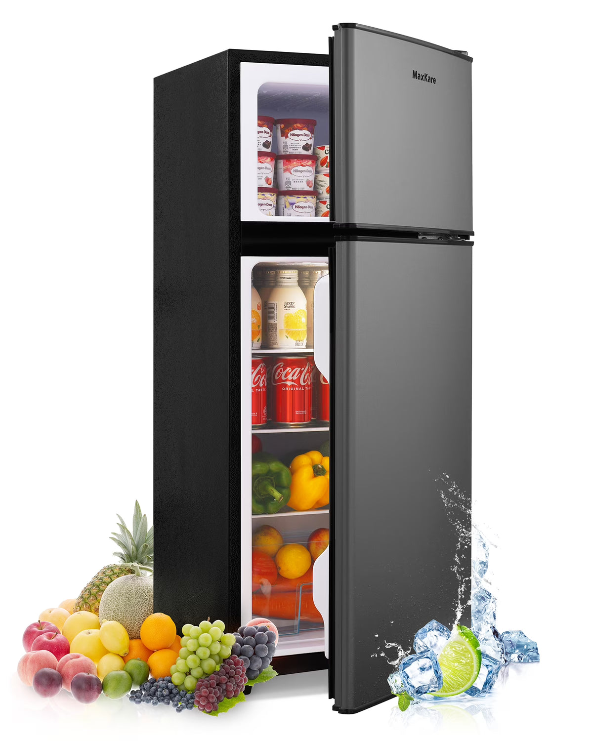 MaxKare 3.6 Cu.ft Mini Fridge with Freezer 2-Door Compact Refrigerator for Dorm, Office, Bar, RV, Bedroom, Silver
