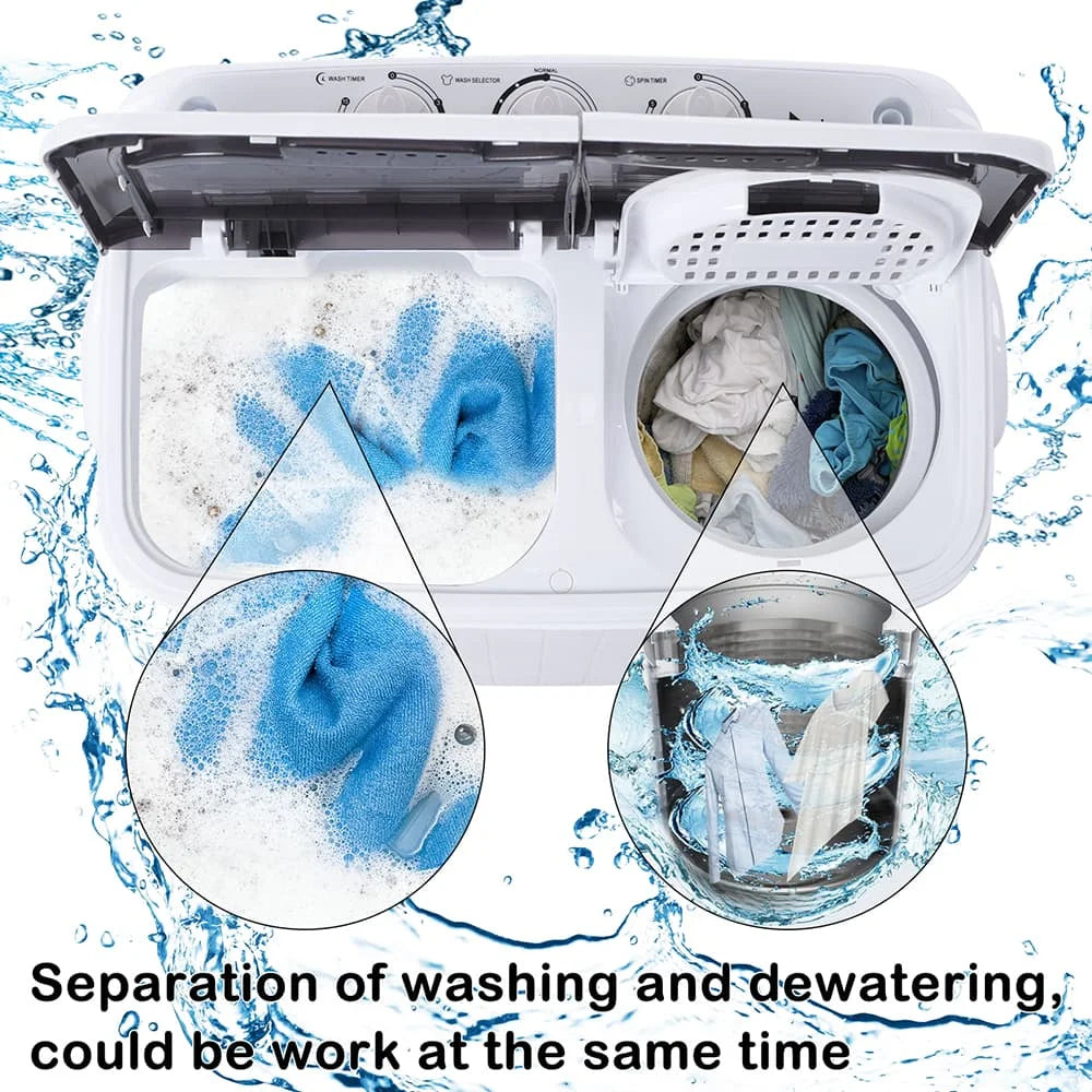 Hassch Semi-Automatic Washing Machine with 2 Tub, Compact Laundry Machine with Built-in Drain for Home, Apartment, Gray