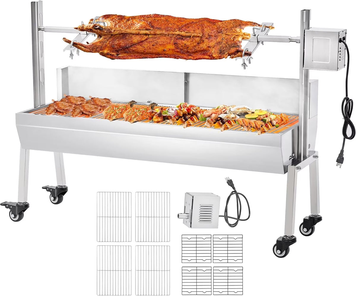 LUXOAK Electric BBQ Rotisserie Grill Kit, 46" 132 Lbs Capacity, 45W Motor, Height-Adjustable Stainless Steel Pig Roaster with Triangular Stability Support Stand for Pig Lamb