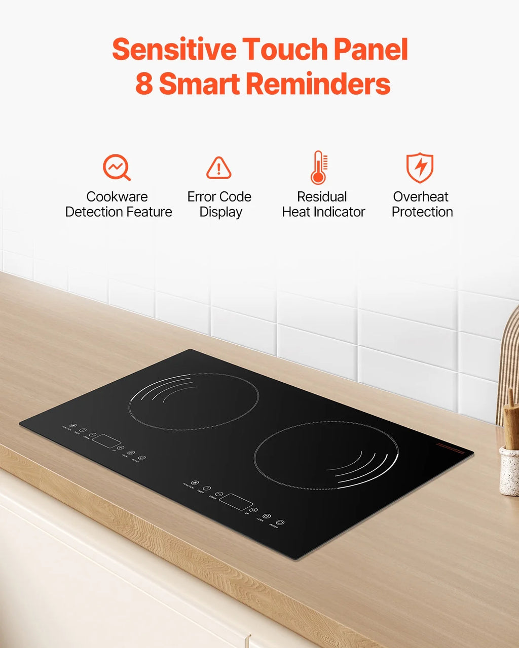 KFFKFF Induction Stove, 1800W Electric Countertop 2 Burner, Electric Cooktop with Touch Controls, Integrated Induction Stove with 9 Energy Levels, Safety Feature for Kids, Timer Function, Glass Top