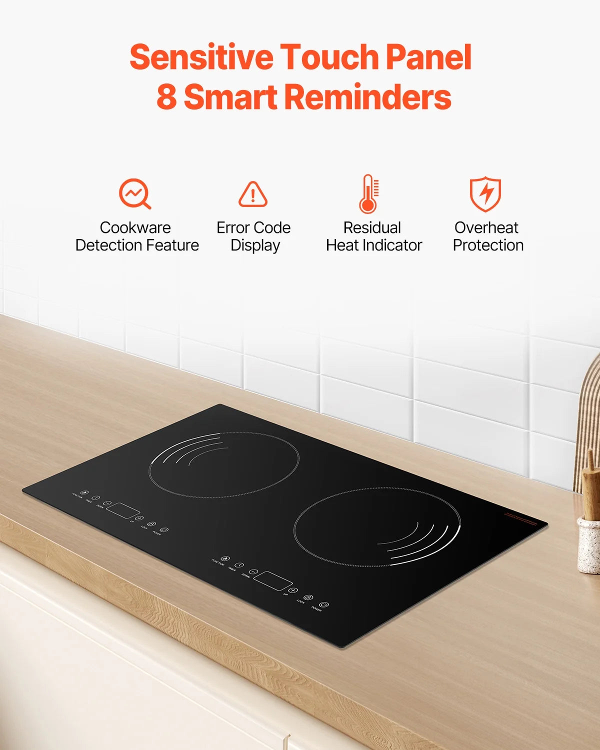 KFFKFF Induction Stove, 1800W Electric Countertop 2 Burner, Electric Cooktop with Touch Controls, Integrated Induction Stove with 9 Energy Levels, Safety Feature for Kids, Timer Function, Glass Top