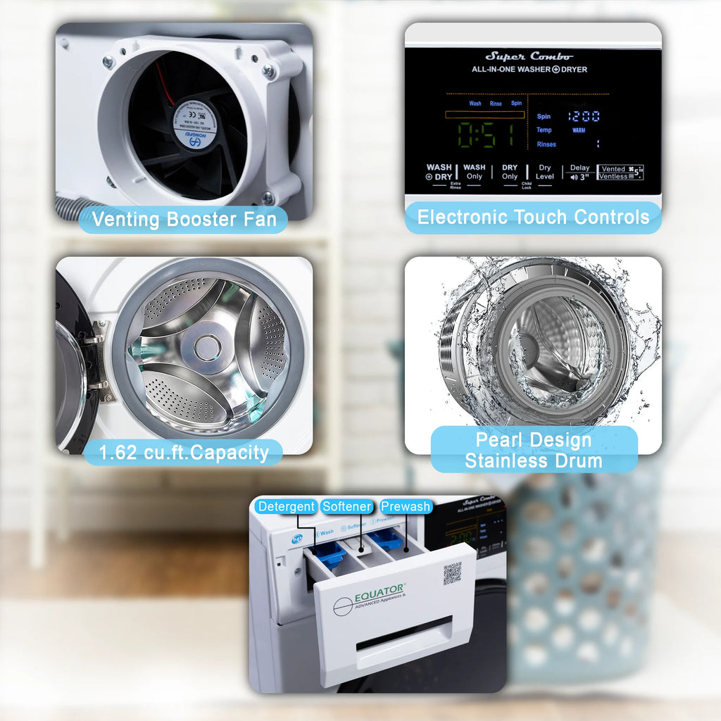 Equator Combination Washer Dryer Ventless/Vented Pet cycle 1.62cf/15lbs 110V with Adjustable legs