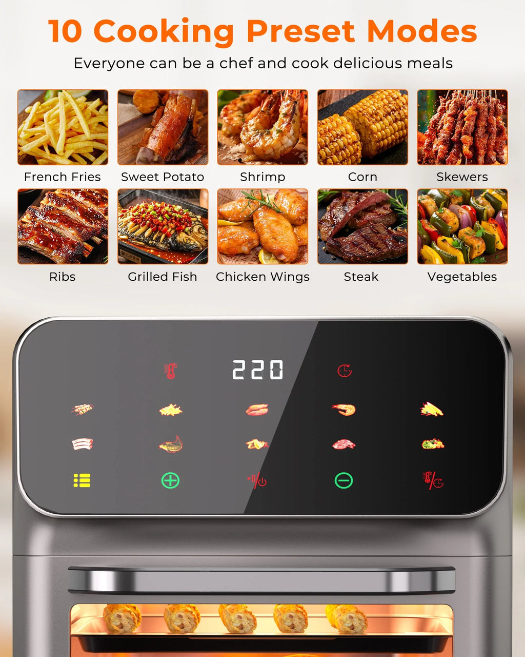 Casualife Air Fryer Oven 12 Qt Max 400F for Cooking, 10 Presets Fry Touch Panel Easy View Window, New Black