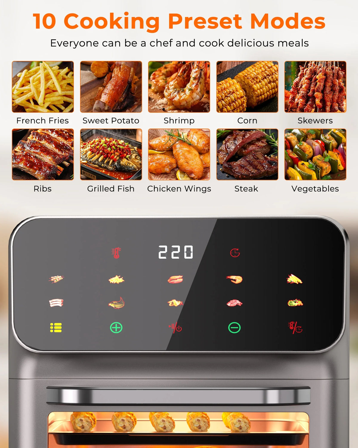 Casualife Air Fryer Oven 12 Qt Max 400F for Cooking, 10 Presets Fry Touch Panel Easy View Window, New Black