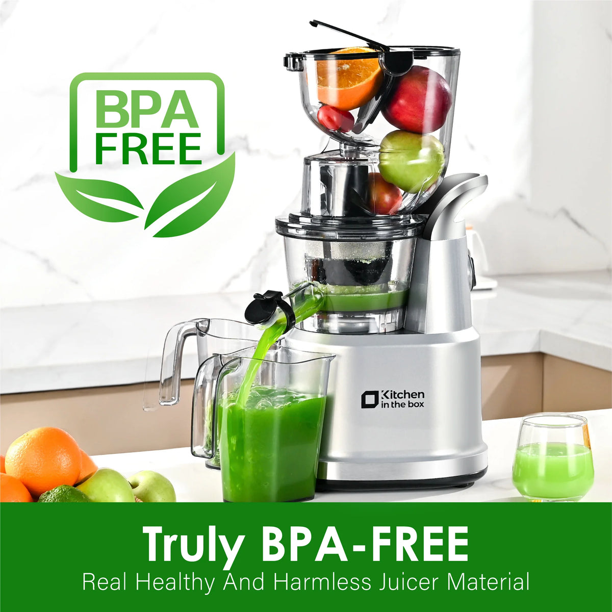 Kitchen in the Box Cold Press Juicer Machines With 3.26" Wide Feed Chute, Slow Masticating Juicer Machine for Whole Fruits and Vegetables, BPA-Free, High Juice Yield Juicer Maker (Silver)