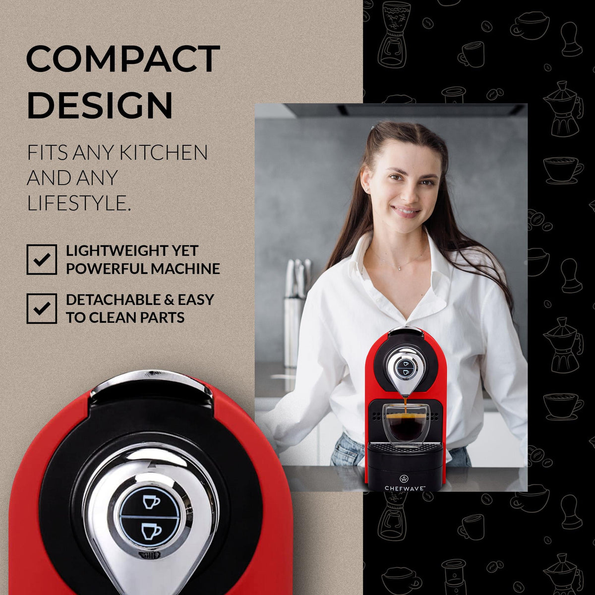 ChefWave Mini Espresso Machine for Nespresso Capsules (Red) with Accessories