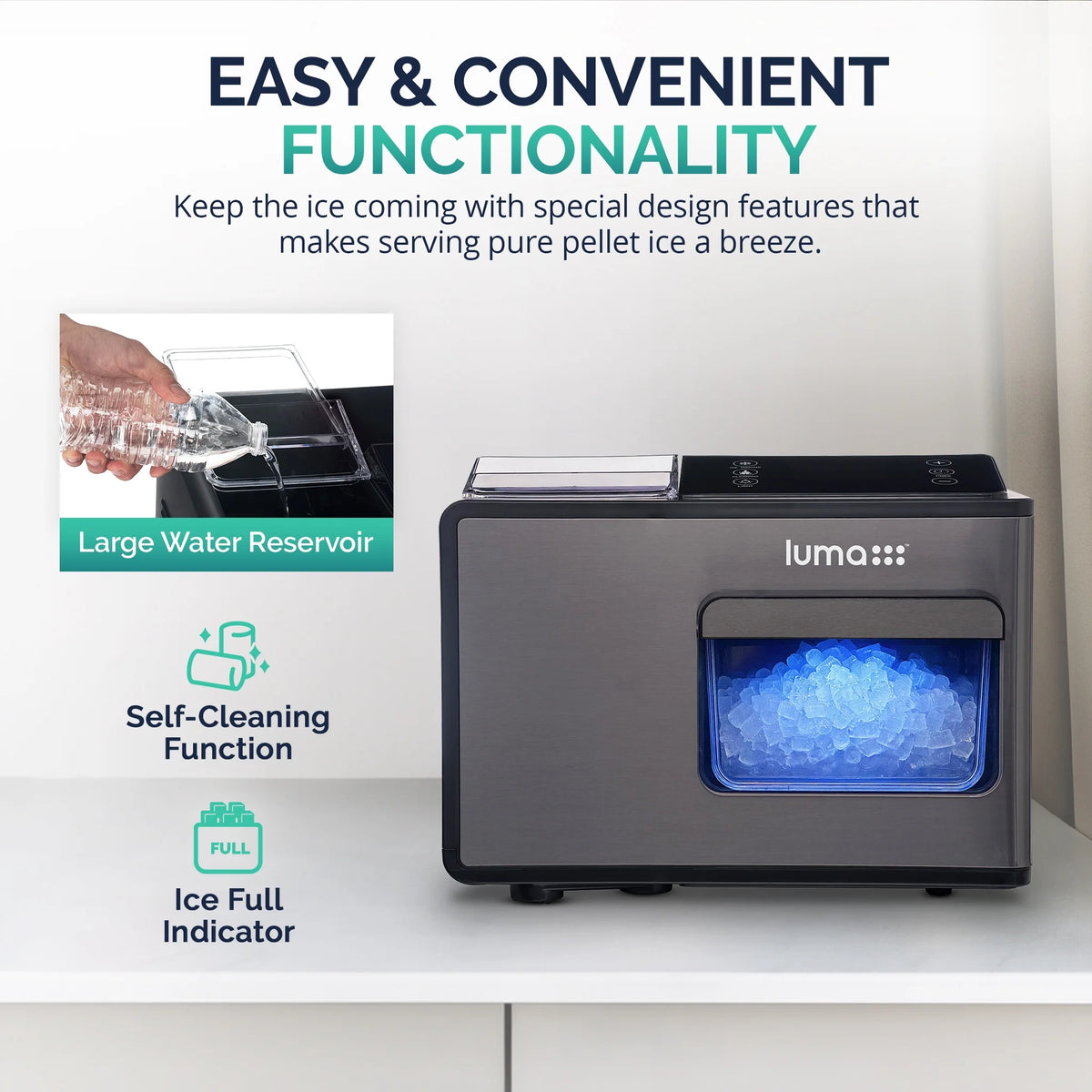 Luma Nugget Countertop Ice Maker, 44 lbs in 24 hours, Black Stainless Steel Ice Machine, Perfect for Home Bar, Kitchen Countertop, RV, Home Office