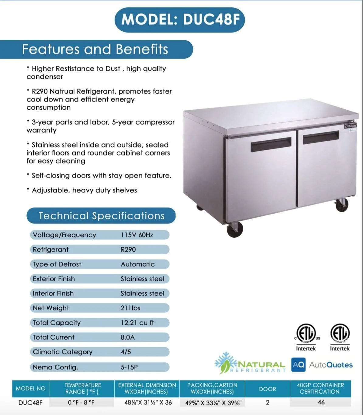 DUC48F 2-Door Undercounter Freezer in Stainless Steel