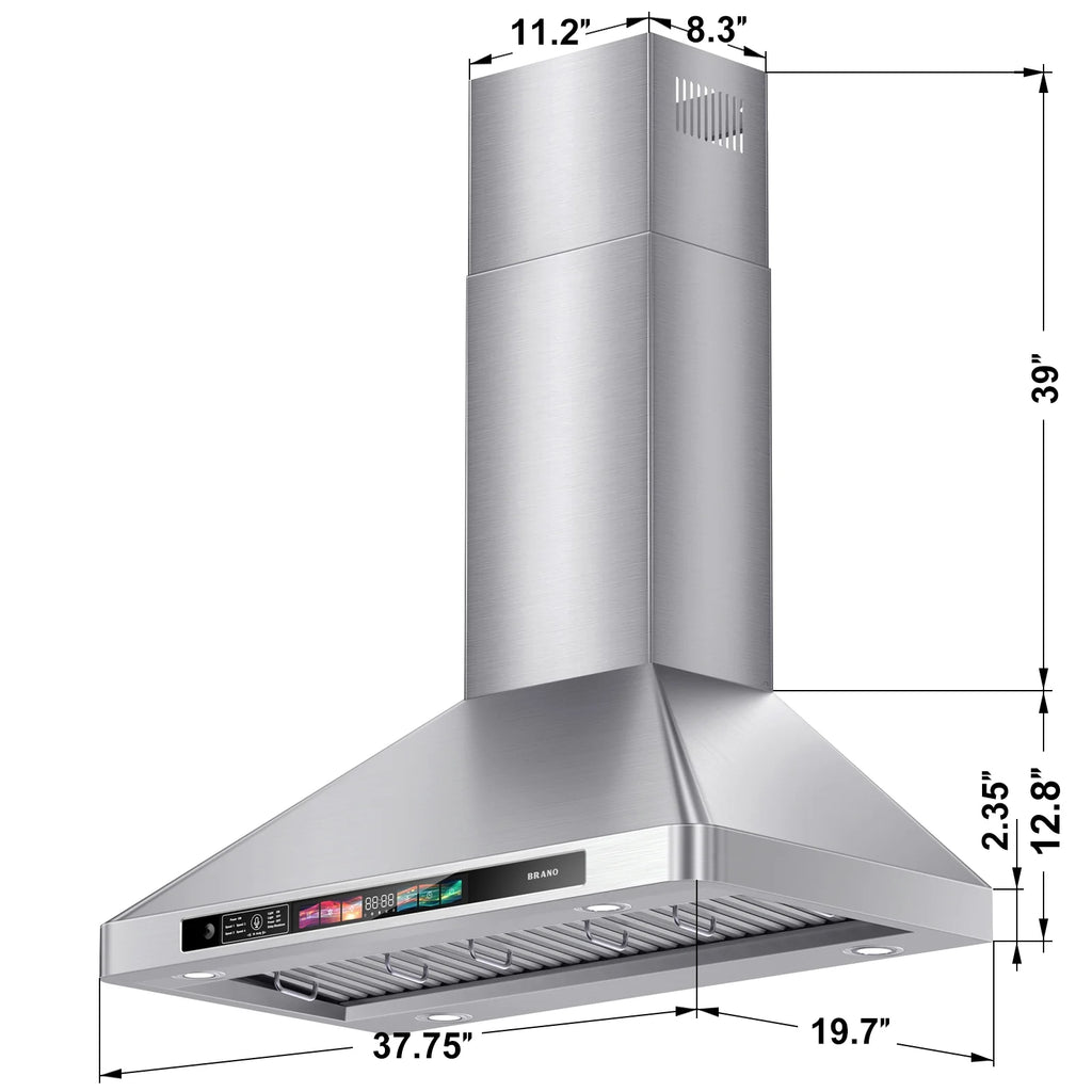 BRANO 30 Inch Wall Mount Range Hood Stainless Steel Hood, 900 CFM, Voice Control, 4-Speed