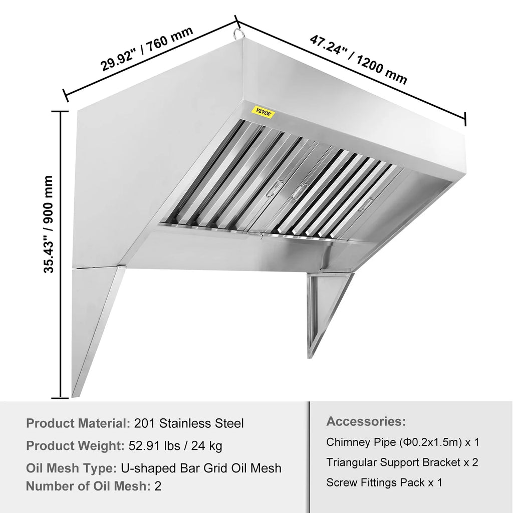 BENTISM Commercial Exhaust Hood 4ft Food Truck Hood Exhaust 201 Stainless Steel