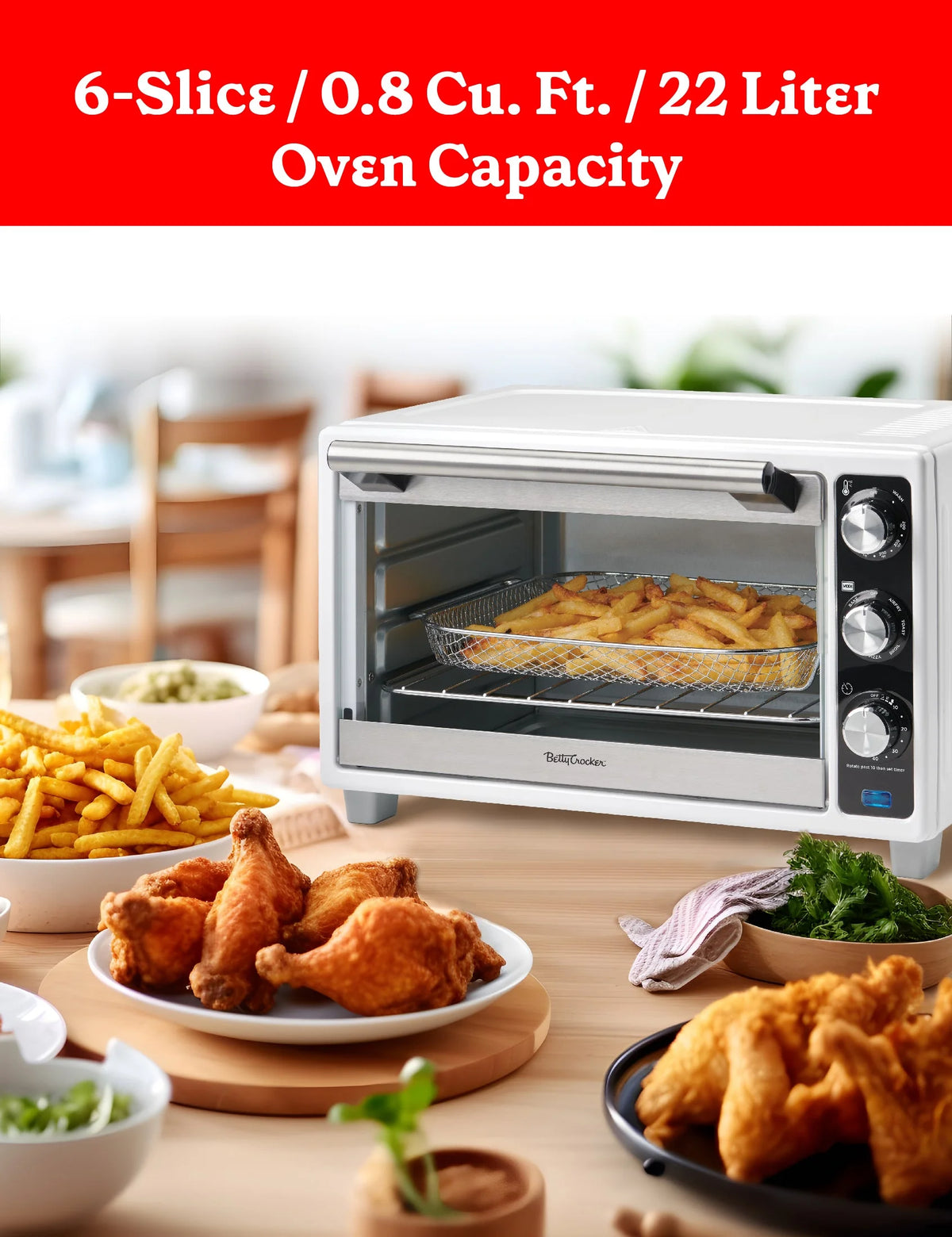 Betty Crocker Air Fryer Convection Toaster Oven, Multifunction 6-Slice Toaster and Air Fryer Oven, 0.8 Cu. Ft. 6 Slice Capacity AirFryer Toaster Oven Combo, 7 Function Convection Oven, Silver