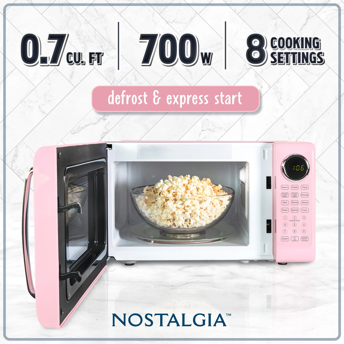 Nostalgia Retro Microwave Oven - 0.7 Cu Ft & 700-Watt Countertop Microwave with Glass Turntable, Child Safety Lock, 8 Auto-Cook Programs & Digital Clock - Aqua