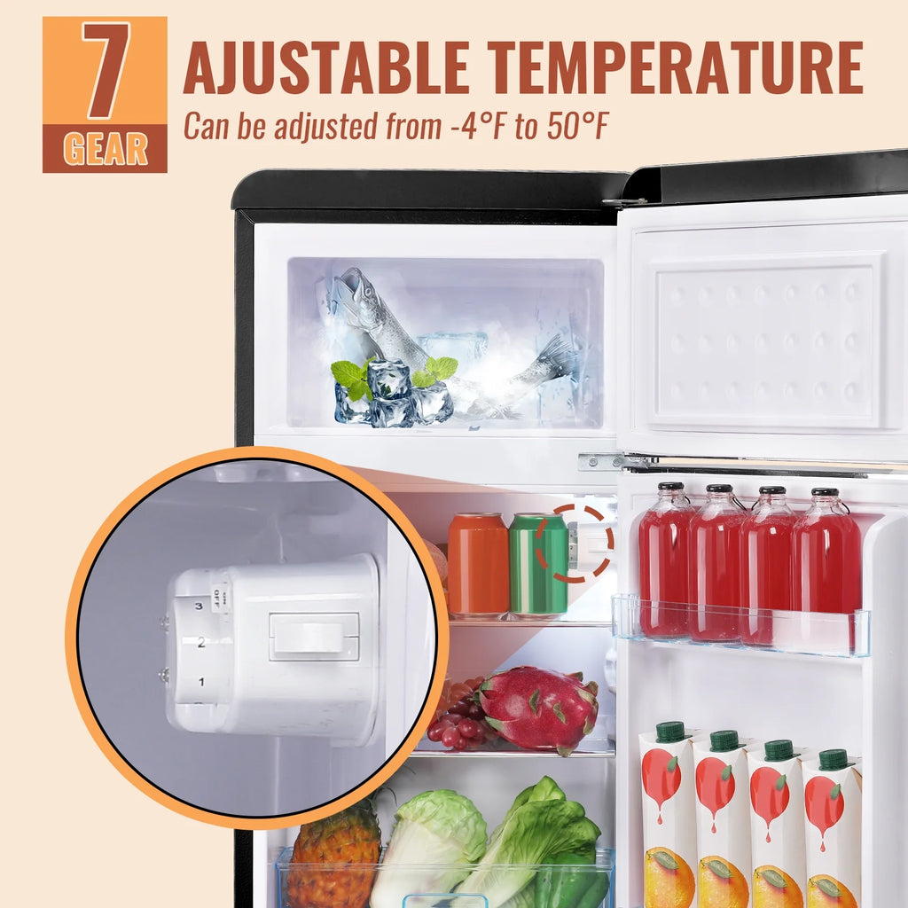 DEMULLER Mini Fridge with Freezer Small Refrigerator Double Door Drinks Holder for Office Black New