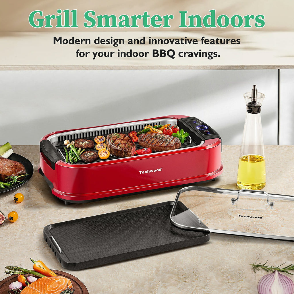 Techwood Indoor Smokeless Grill, 1500W, Black, Electric Portable Korean BBQ Grill with Tempered Glass Lid
