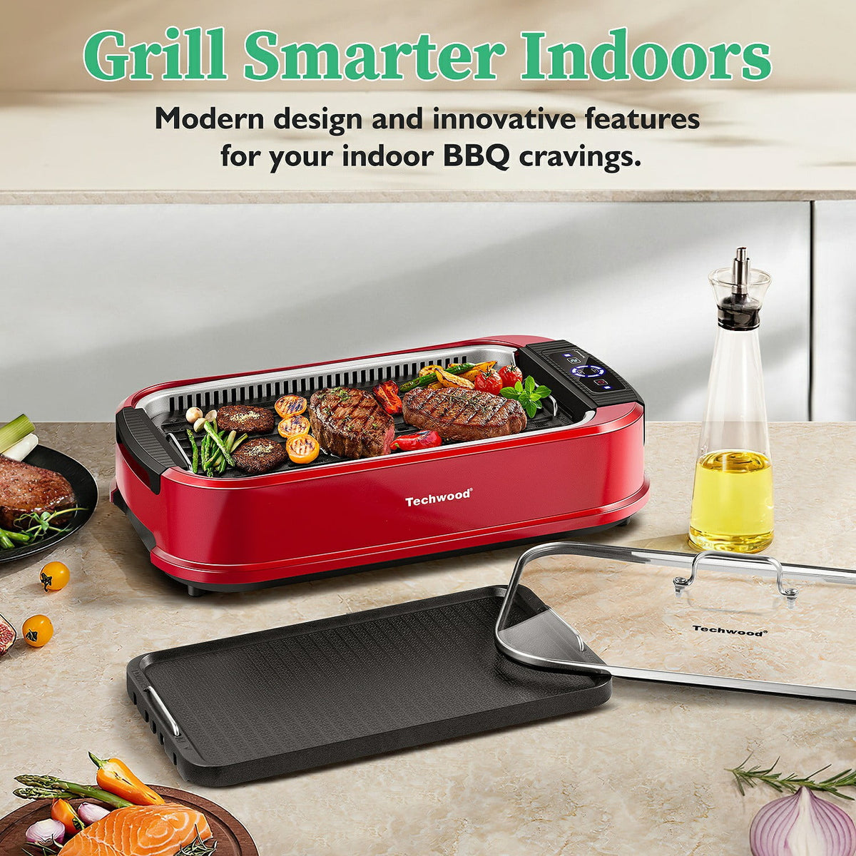Techwood Indoor Smokeless Grill, 1500W, Black, Electric Portable Korean BBQ Grill with Tempered Glass Lid