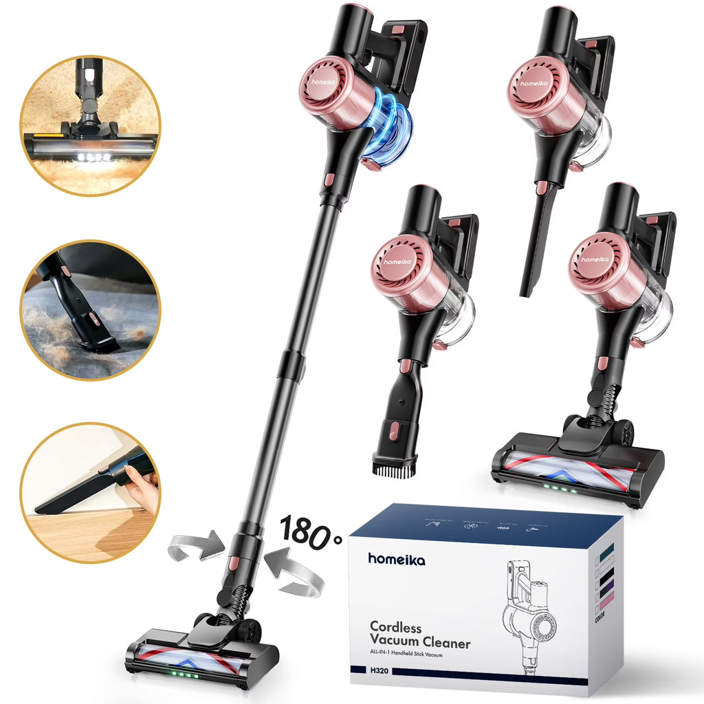 Homeika H320 Cordless Vacuum Cleaner, 28KPA Powerful Suction 8-in-1 Multi-Tool 55min Runtime LED Motorized Brush One-Click Dust Emptying for Pet Hair and Allergies,Pink