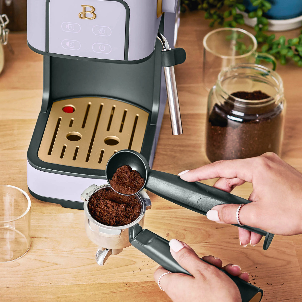 Beautiful Slim Espresso Machine with 20-Bar Pressure, Black Sesame by Drew Barrymore