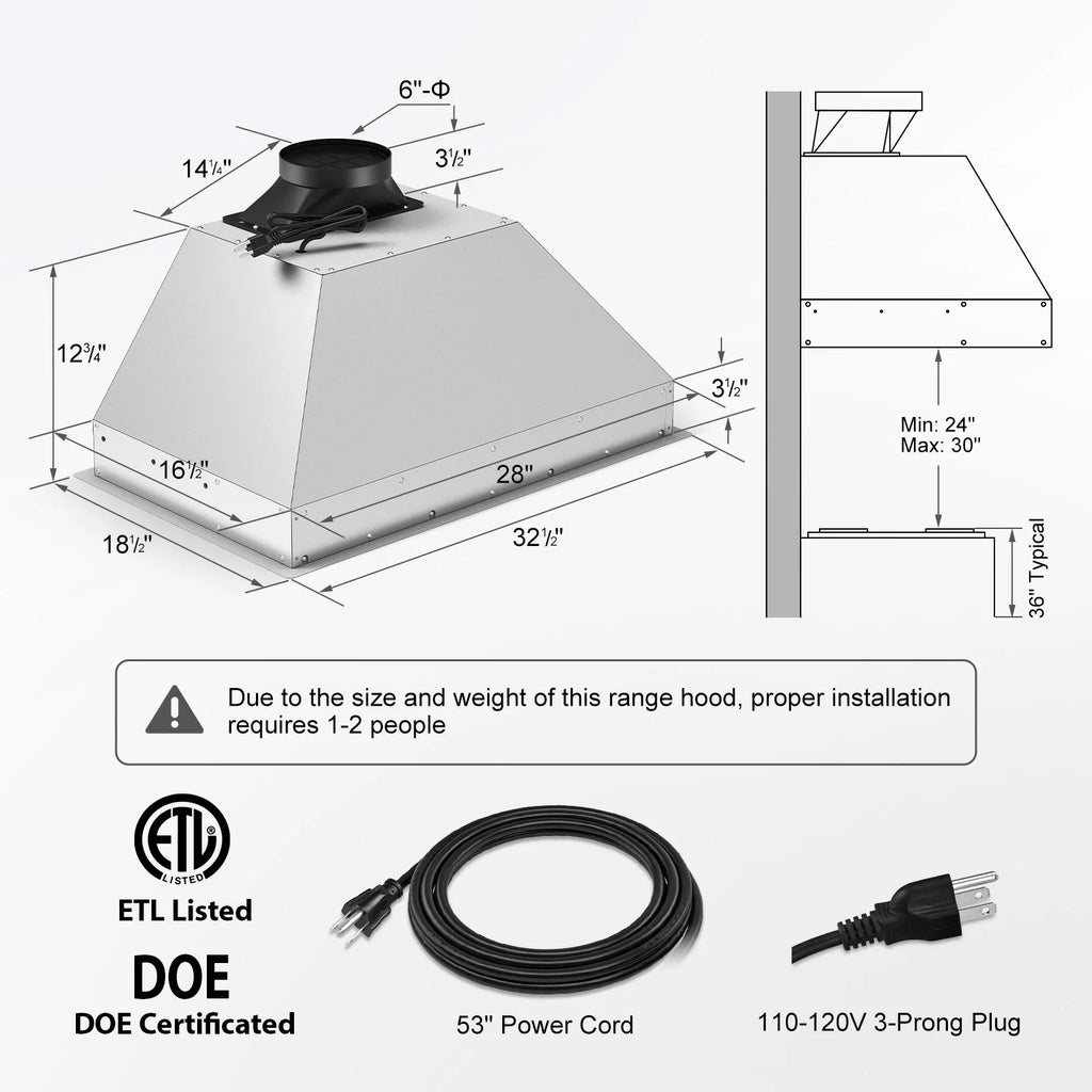 30 inch Built-in/Insert Range Hood, 900 CFM Ducted/Ductless Insert Range Hood with Charcoal Filter