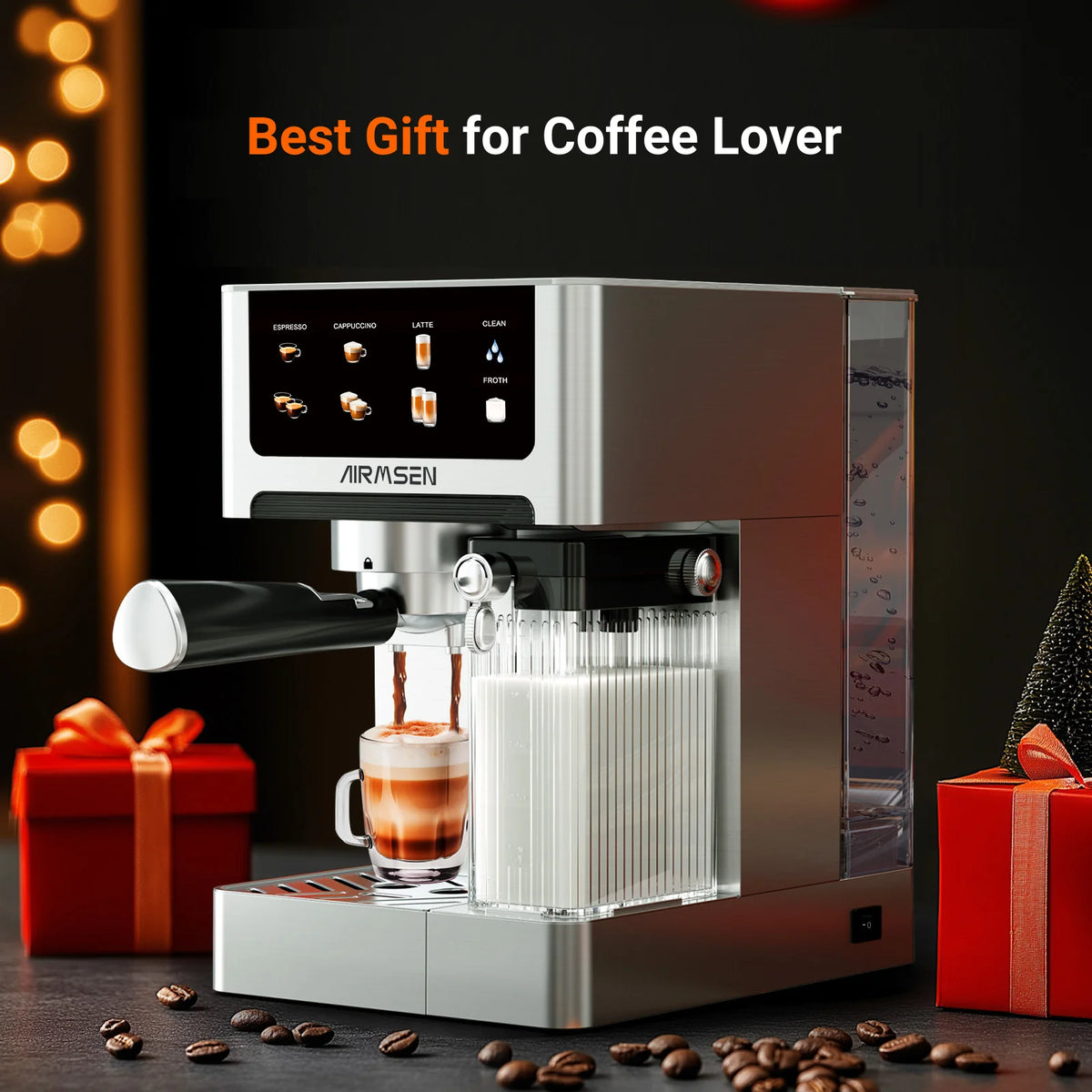 AIRMSEN Espresso Machine with Color Touchscreen, 20 Bar Cappuccino Latte Machines with Automatic Milk Frother, Dual Boiler Stainless Steel Espresso Maker for Home, 1350W